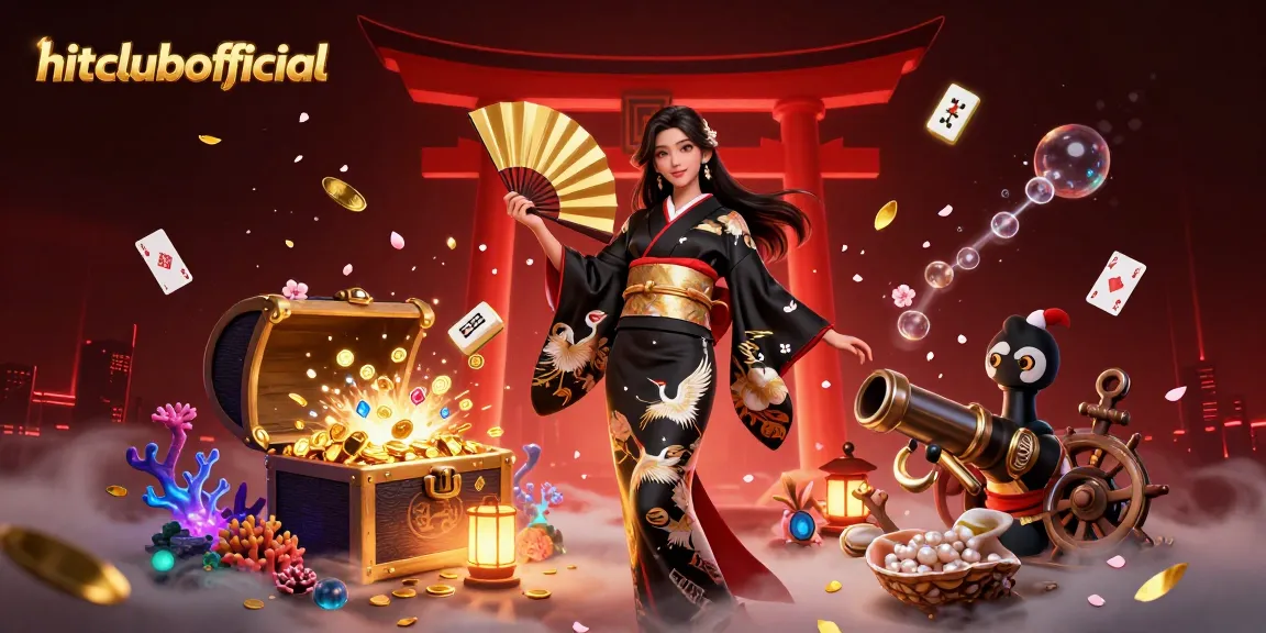 hitclubofficial features an elegant Asian woman in a kimono with casino elements amid cherry blossoms.