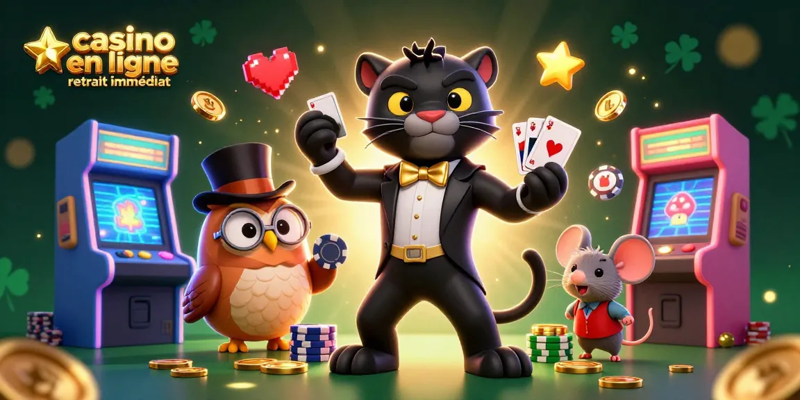 Retirez vos gains rapidement avec le casino en ligne retrait immédiat, illustration dynamique de personnages de casino se livrant à des jeux.