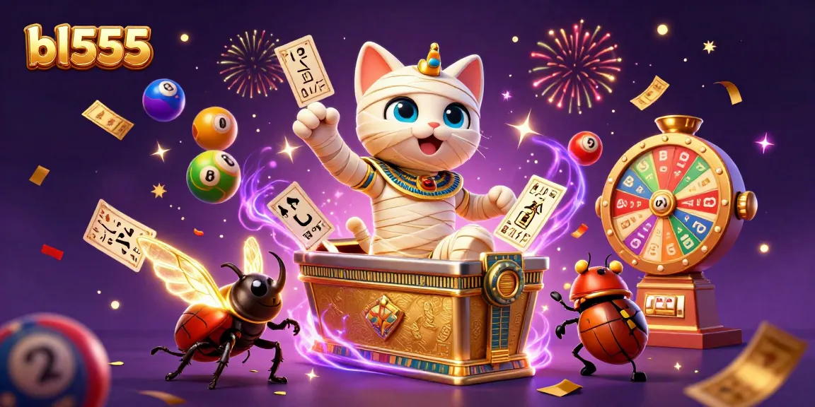 Experience the thrill of bl555 with a dazzling casino scene featuring a mummy cat and glowing scarab.