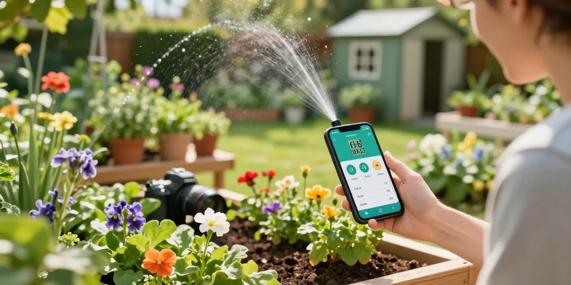 wifi sprinkler controller displayed in a flourishing garden as homeowner checks plant moisture via smartphone app