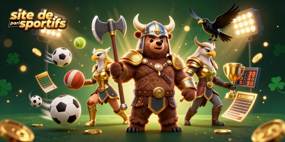 Visualisez le site de paris sportifs avec un ours viking, un aigle valkyrie, des ballons de sport et des éléments de compétition.