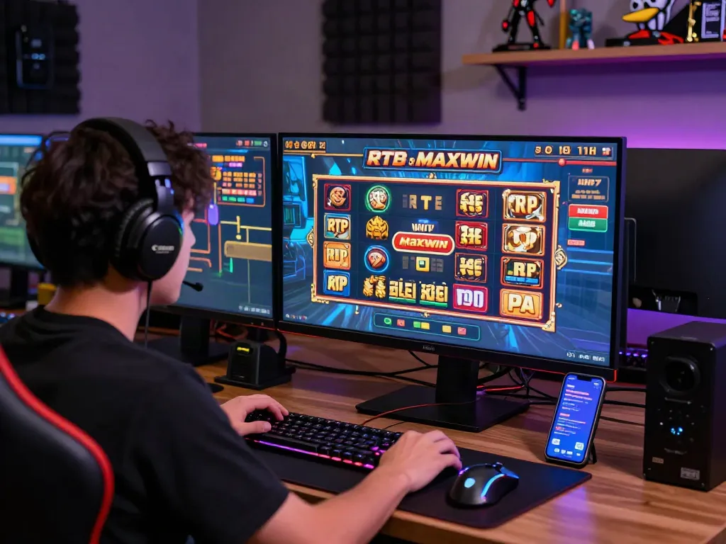 Player immersed in vibrant slot gacor maxwin game setup highlighting bonus features.