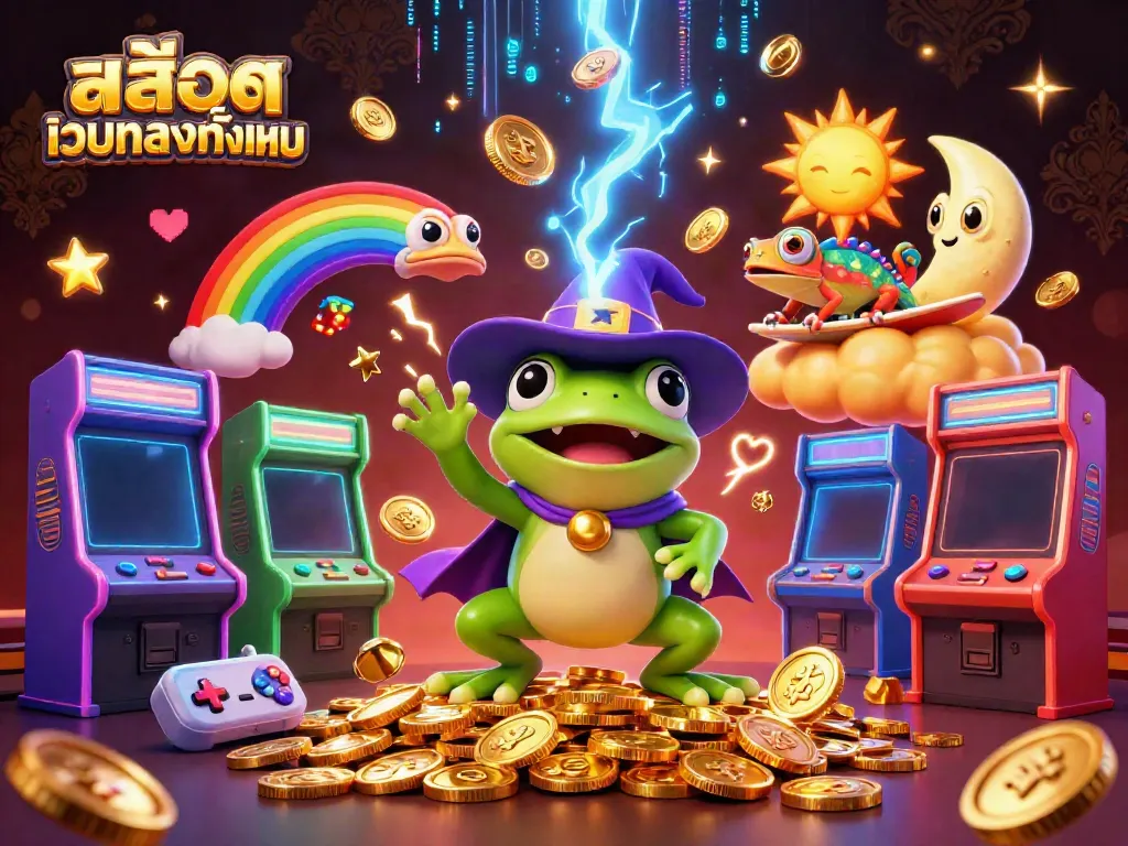Spin guaranteed winnings with สล็อตเว็บตรงทั้งหมด as the weather wizard frog conjures coins in a vibrant casino scene.