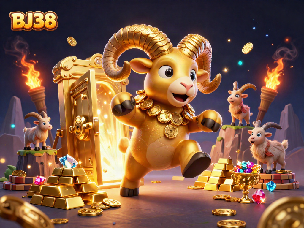 BJ38 showcases an energetic casino scene with a golden ram charging through treasures and wealth.