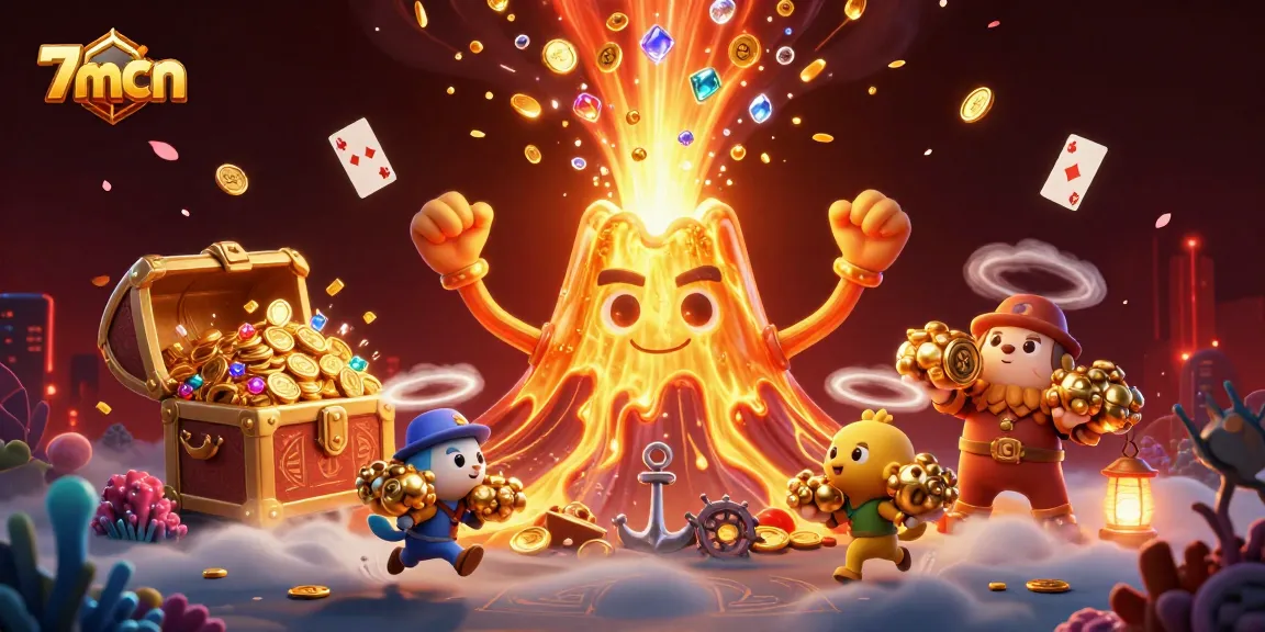 Experience thrilling wins with 7mcn's golden volcano and treasure-filled adventure in this vibrant illustration.