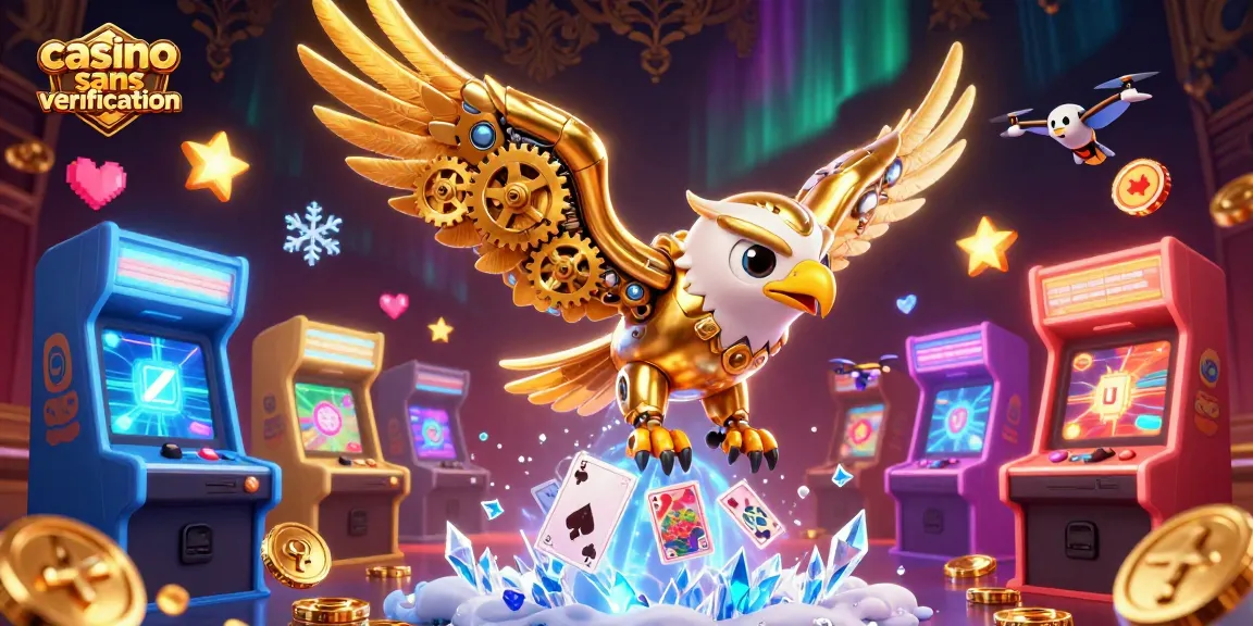 Jouez au casino sans vérification avec une illustration immersive d'un aigle cybernétique au milieu de jeux 3D colorés.