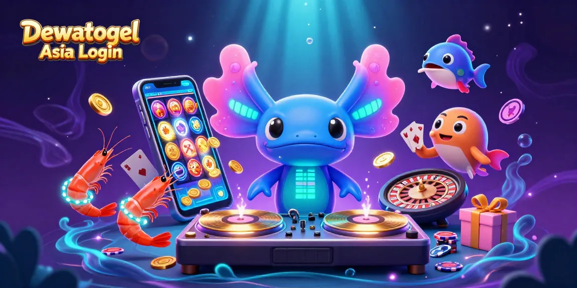 Dewatogel Asia Login vibrant scene with an axolotl DJ spinning records amid colorful gambling elements