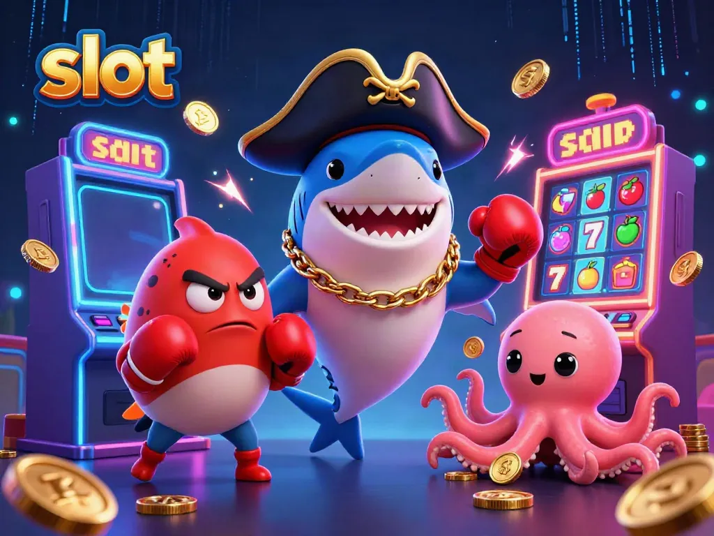 Exciting slot game scene with cartoon characters and colorful slot machines.