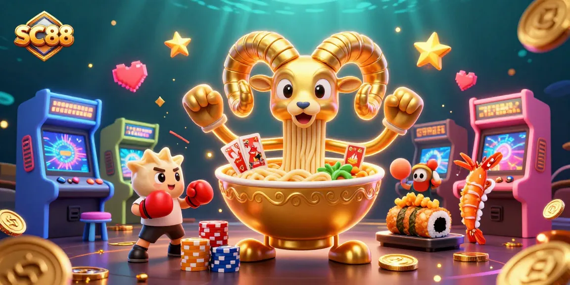 SC88 features a vibrant 3D scene with a giant ramen bowl dealer, showcasing the excitement of casino gaming.
