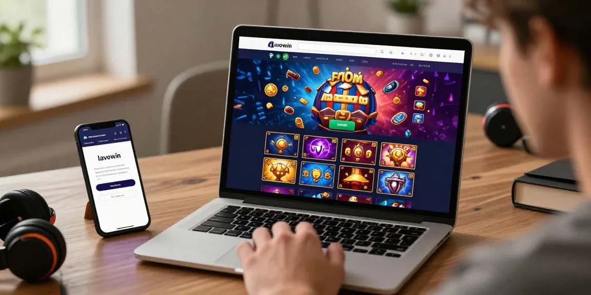 Player engaging with lavowin login on a vibrant online gaming interface, highlighting user-friendly experience in a cozy home office.