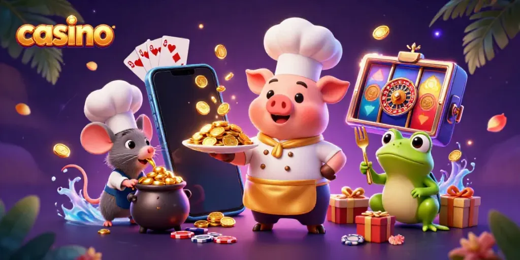 Experience exciting casino gaming with characters enjoying gourmet gold coins in a vibrant 3D illustration.