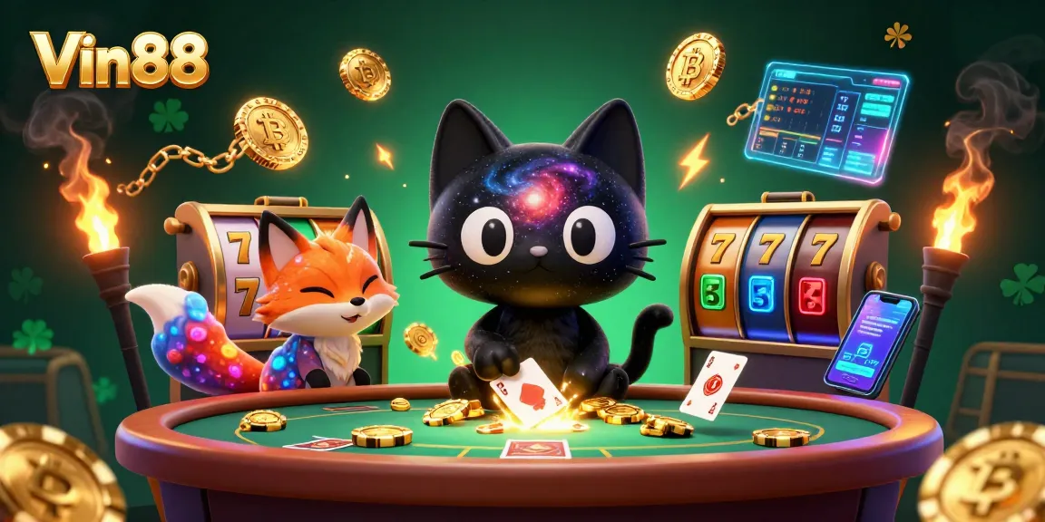 Enjoy thrilling gameplay at Vin88 with an energetic cosmic casino scene full of slots, cards, and crypto.