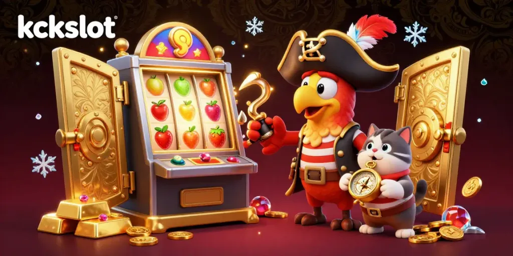 Mesin slot di kckslot dengan simbol buah berkilau dan elemen berharga di sekelilingnya.
