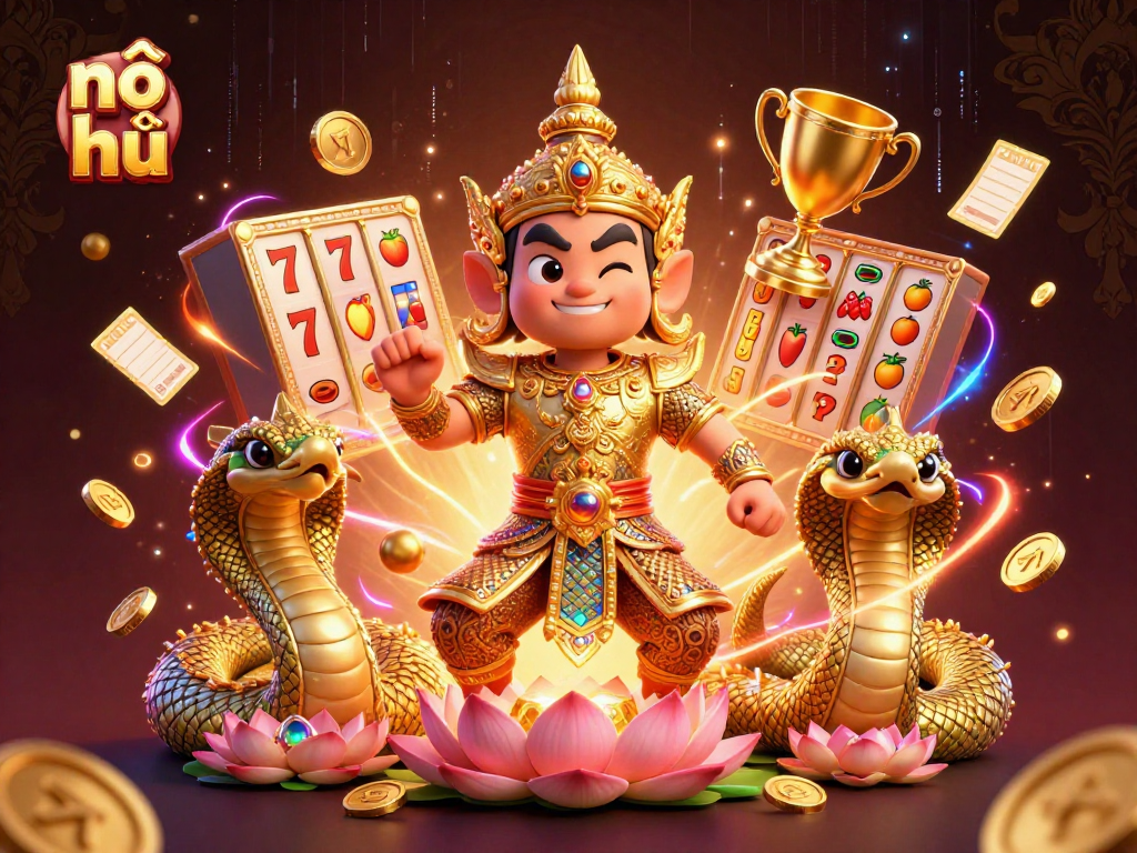 Nổ hũ slot game scene with a guardian and Naga, showcasing vibrant casino elements.