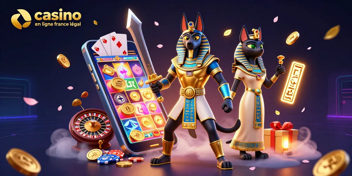 Jouer légalement sur un casino en ligne légal en France avec Anubis et Bastet entourées d'éléments de jeu.