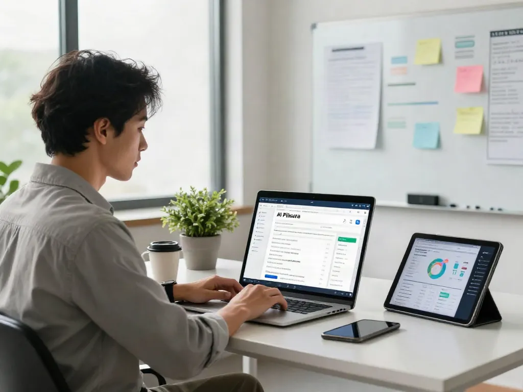 AI pillar page content generator in a modern marketing workspace, showcasing productivity and innovation.