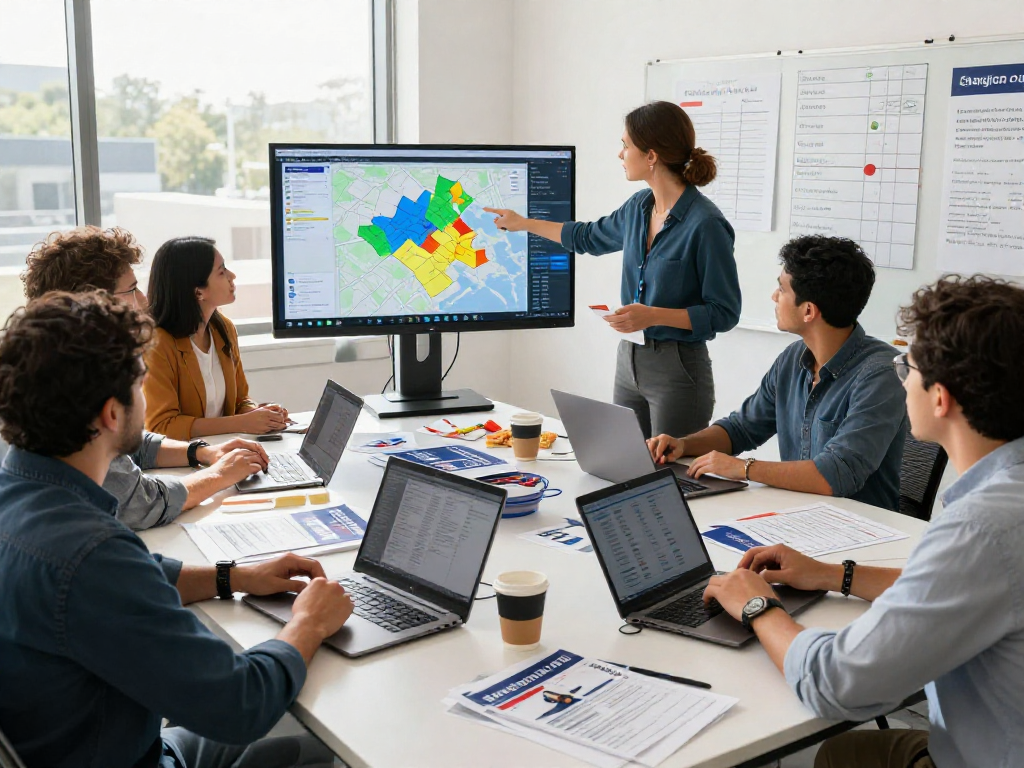 Successful team strategizing on instagram ads for campaigns in a bright office