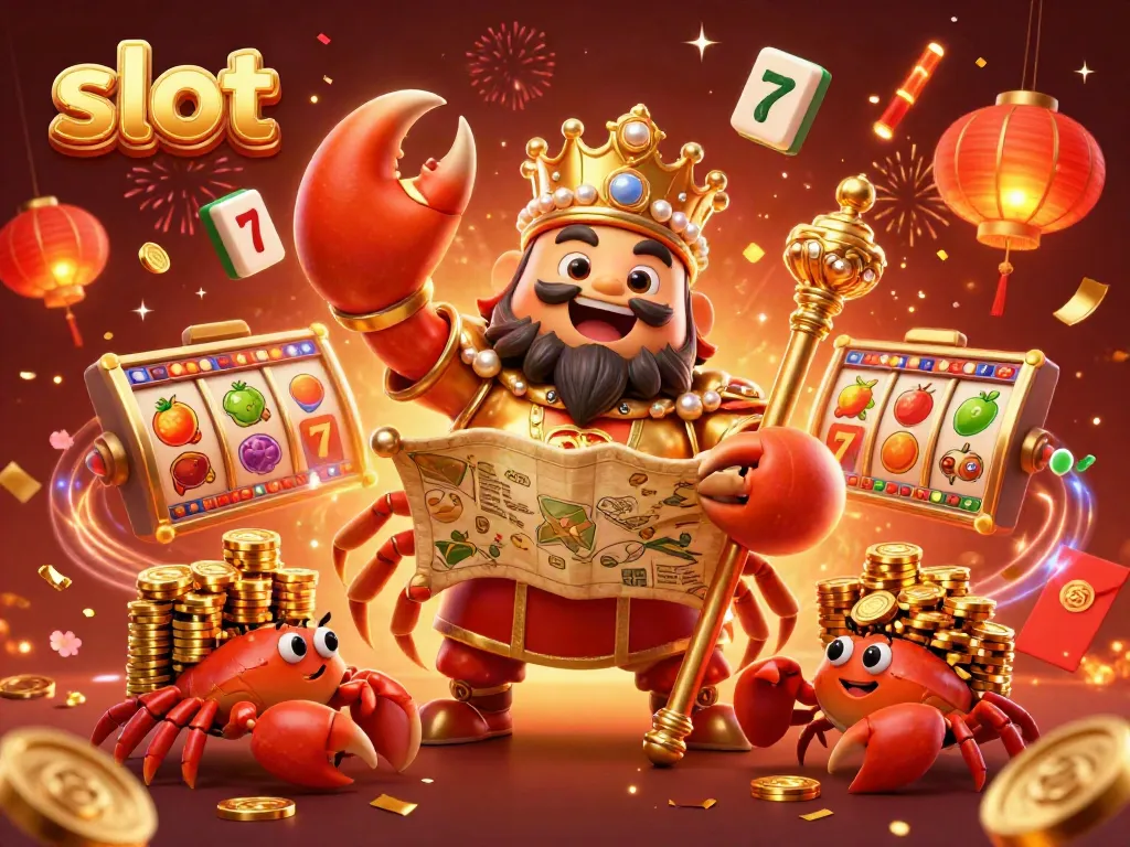 Spin and win with vibrant slot reels and a golden crab emperor in a festive casino atmosphere