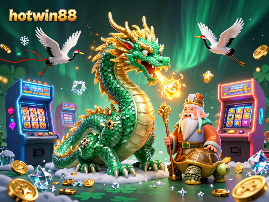 Experience thrilling gameplay at hotwin88 with a vibrant illustration of an emerald jade dragon and lucky symbols.
