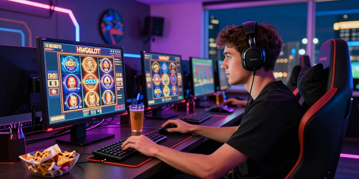 Engaged player experiencing HWGSLOT online slots in a vibrant gaming setting with colorful graphics and snacks.