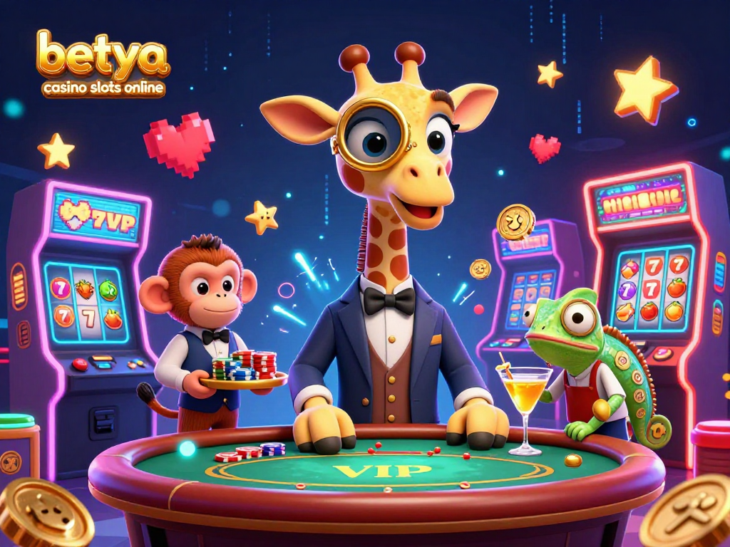 Play exciting betya casino slots online with our exceptional 3D illustration featuring a high-roller giraffe and dynamic game elements.