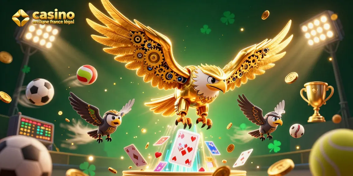 Visualisez le thème "casino en ligne France légal" avec un aigle doré captivant et des éléments sportifs.