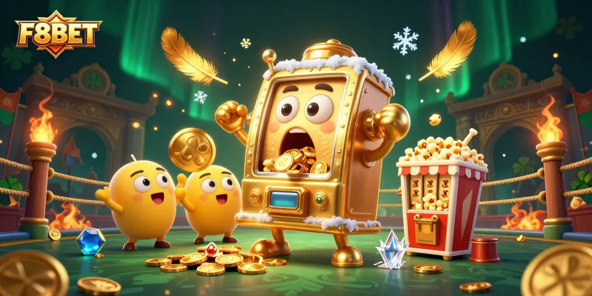 F8BET's winning slot machine triumphs as it celebrates a jackpot amidst cheering baby machines and golden coins.