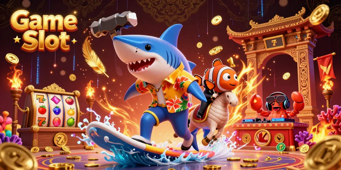 Game Slot machine party with vibrant underwater characters, gold coins, and energetic illustrations for players.