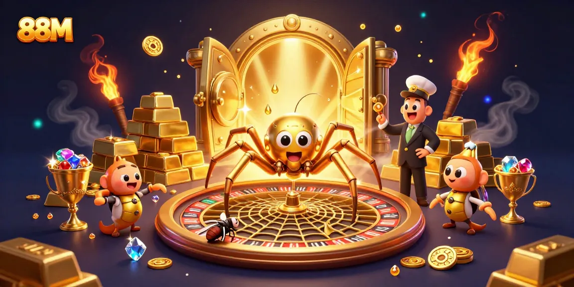 Experience the thrill of gaming at 88M with a vibrant scene of a golden spider and centipede croupier.
