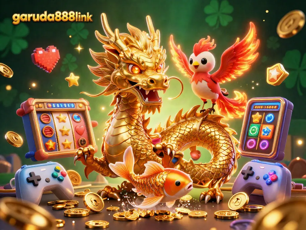Engage with garuda888link's vibrant casino experience featuring a dynamic dragon, phoenix, and koi amidst slot reels and coins.