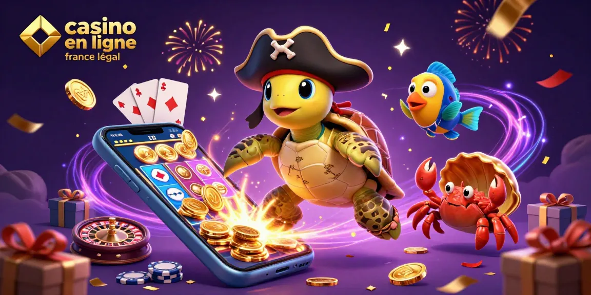 Profitez des jeux dans un casino en ligne légaux en France avec une tortue pirate et ses trésors.