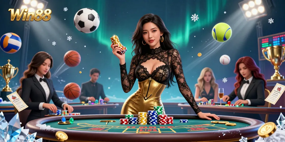 Experience exclusive gameplay at Win88 with a glamorous Asian dealer presenting high-value chips at a luxurious baccarat table.