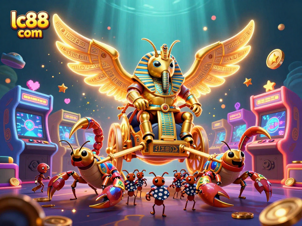Engage with lc88 com's epic 3D casino scene showcasing a golden beetle leading a vibrant game quest.