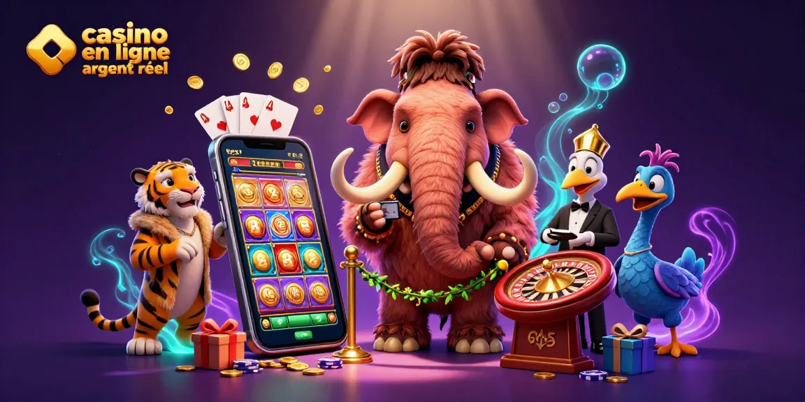 Découvrez casino en ligne argent réel avec un bouncer mammouth et un tigre VIP dans un décor de casino animé.