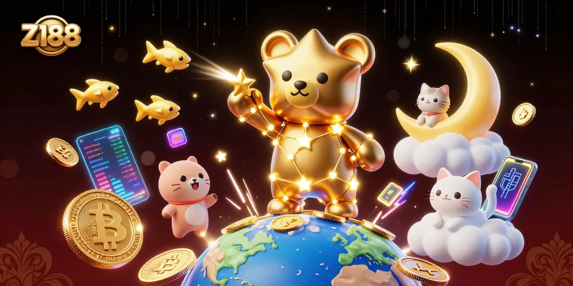 Experience exciting gameplay at Z188 with vibrant coins, a constellation bear, and fun gaming elements.