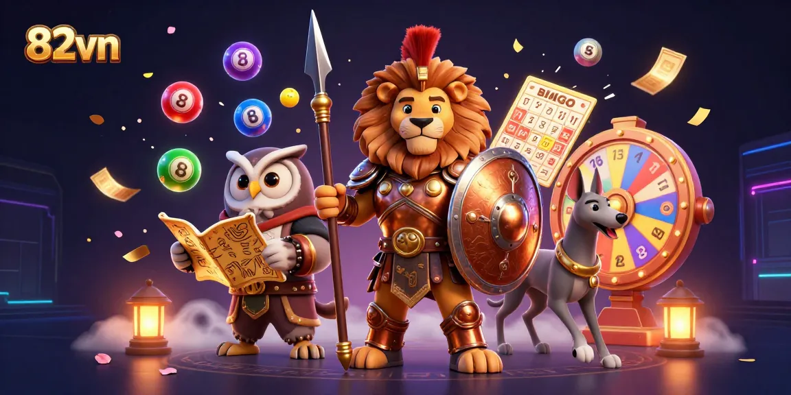 Engage with 82vn's thrilling casino experience, featuring a Spartan lion, tactical owl, and swift greyhound amidst dynamic gambling elements.
