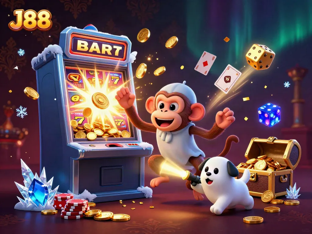 Experience J88’s lively casino scene with a poltergeist monkey and ghost-hunter puppy amidst jackpot excitement.