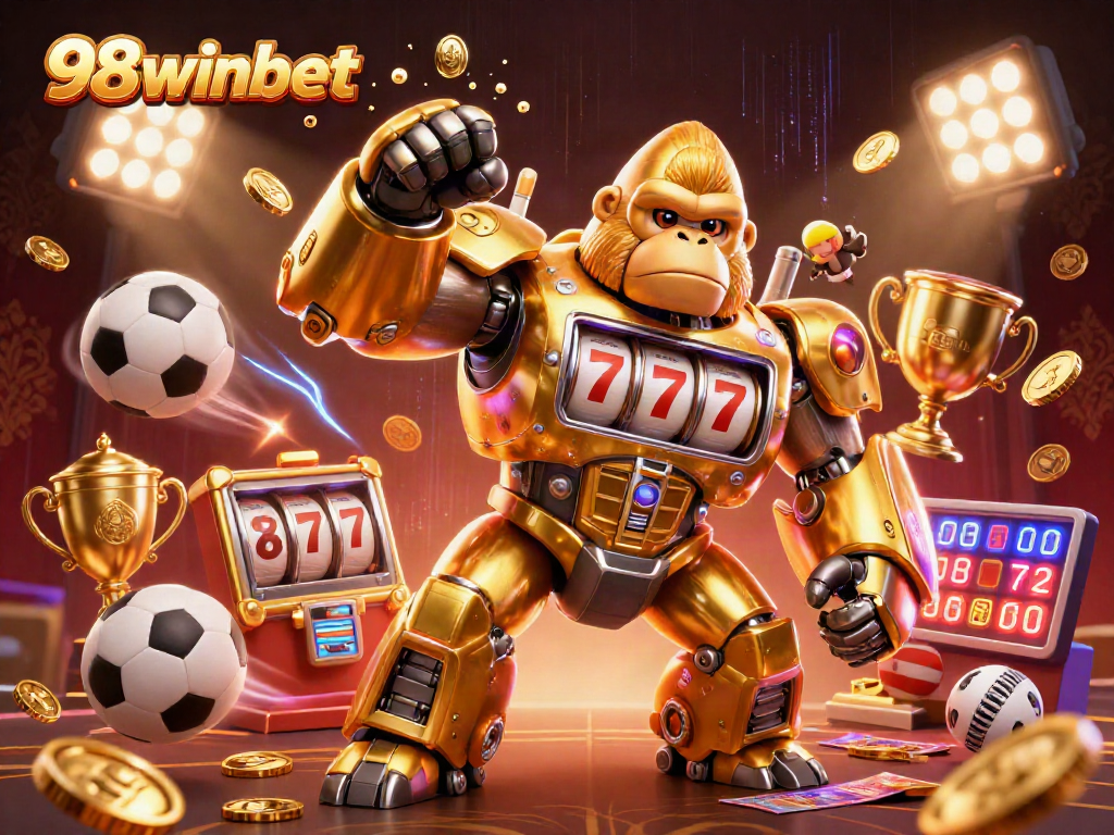 Engage with 98winbet's thrilling world of gaming featuring a golden gorilla mech and sports elements.