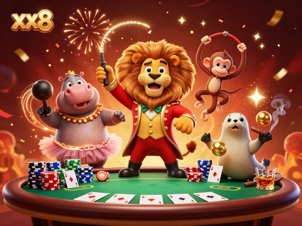 Engage with xx8 casino through vibrant circus-themed characters in a lively gambling scene.
