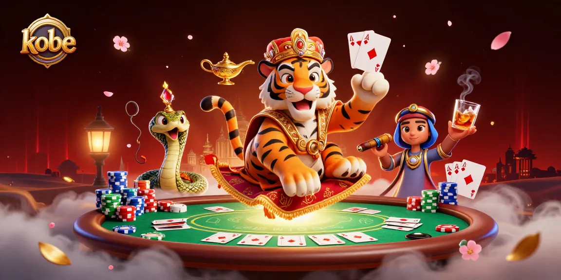 Kobe-themed illustration featuring a tiger sultan, poker elements, and vibrant casino atmosphere.