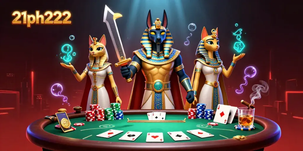 Experience the thrill of 21ph222 with Anubis and Bastet at a lively poker game.