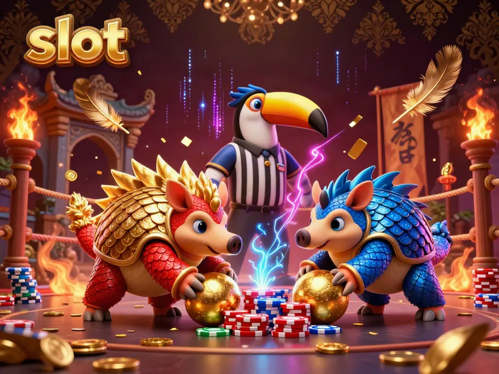 Engage with exciting slot action as rival pangolins compete amidst gold coins and betting tokens.