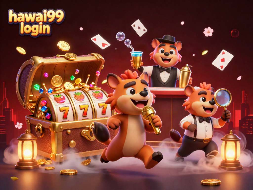 Experience the fun at hawai99 login with a lively casino scene featuring hilarious hyena characters.