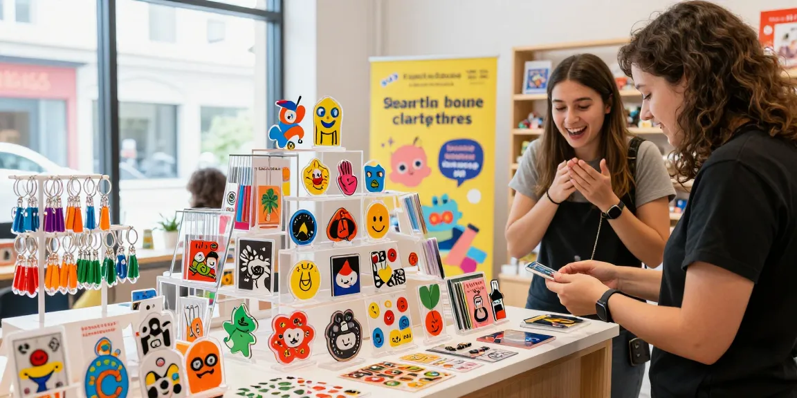 Custom acrylic stand display in a vibrant retail shop, customer exploring unique designs.