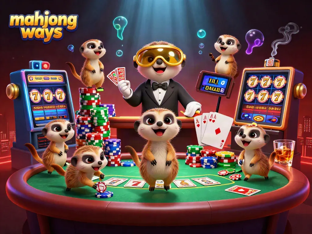 Engaging illustration showing meerkat characters in a vibrant casino scene focused on mahjong ways gameplay.