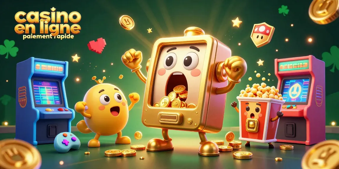 Illustration d'un casino en ligne paiement rapide mettant en scène une machine à sous dorée frappant un jackpot avec des pièces