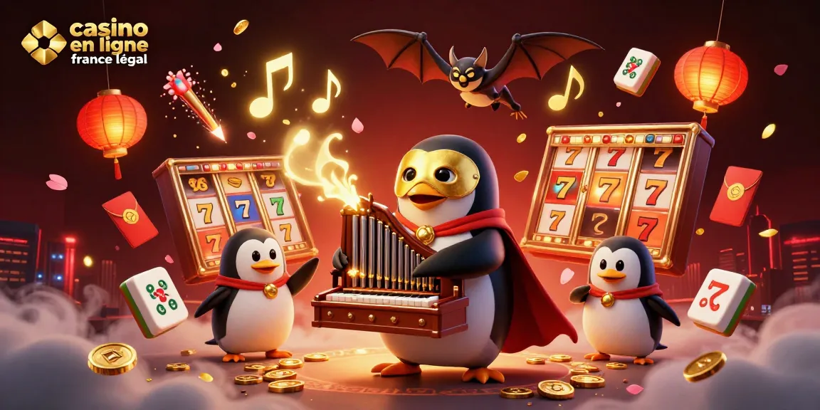 Illustration dynamique de casino en ligne France légal avec un pingouin fantôme jouant d'un orgue, entouré de machines à sous et de symboles de jeu fascinants.