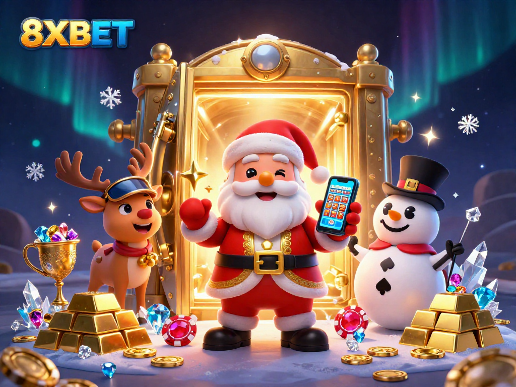 Experience the excitement of 8XBET as Santa Claus holds jackpot slots in a vibrant casino scene.