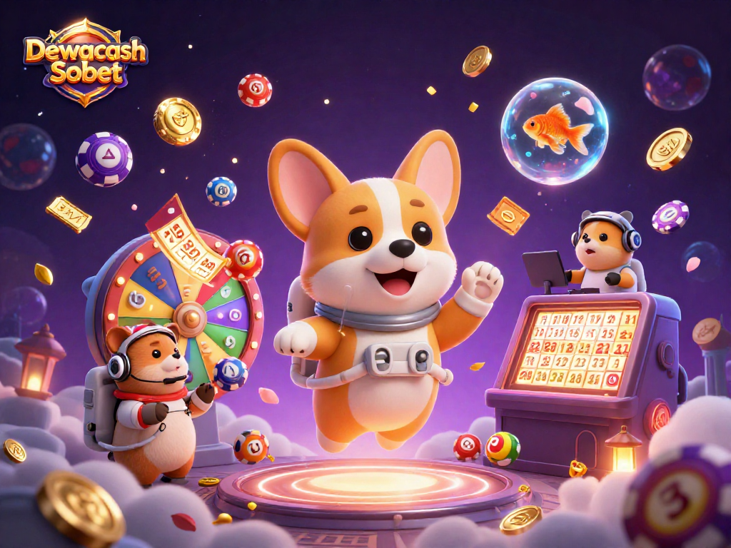 Dewacash Sbobet interactive gaming scene with 3D corgi astronaut and mission-control hamster in a space casino