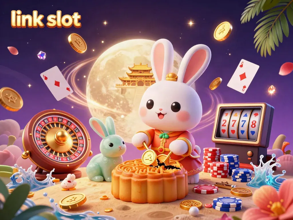 Engage with the world of link slot enjoying 3D cartoon characters amidst cascading coins and poker chips.